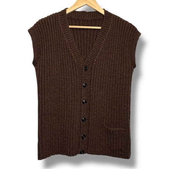 Vintage Brown Chunky Knit Wool Sweater Vest Button Grandpacore Dadcore - Picture 1 of 14